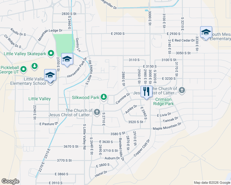 map of restaurants, bars, coffee shops, grocery stores, and more near 2817 Amaranth Drive in St. George