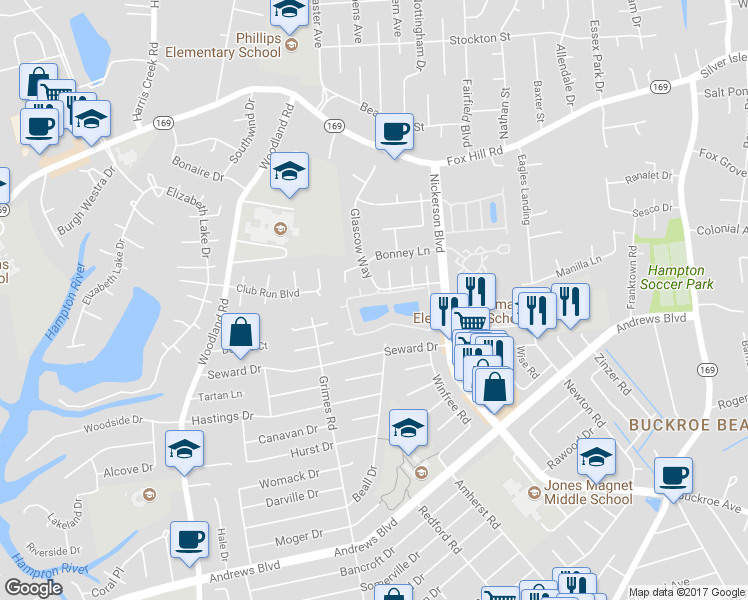 map of restaurants, bars, coffee shops, grocery stores, and more near 258 Loch Circle in Hampton