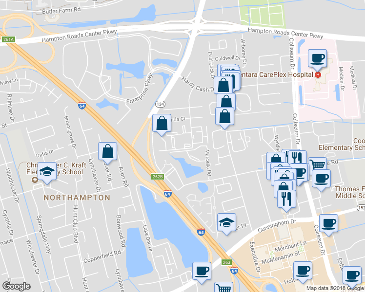 map of restaurants, bars, coffee shops, grocery stores, and more near 5 Davenport Court in Hampton