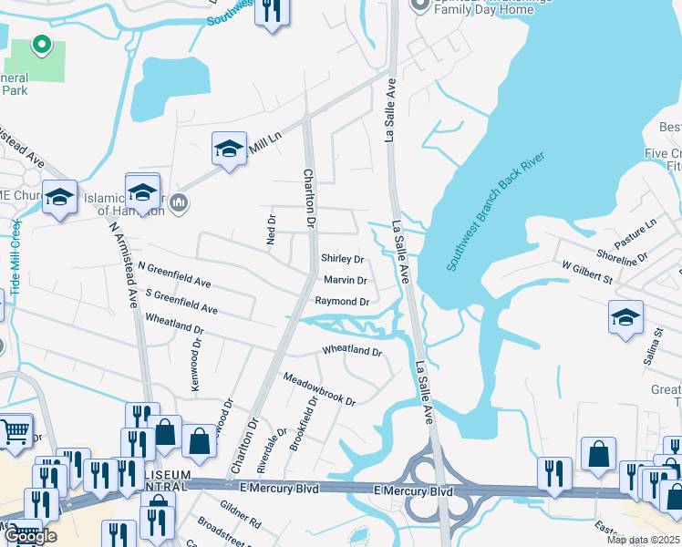 map of restaurants, bars, coffee shops, grocery stores, and more near 12 Marvin Drive in Hampton