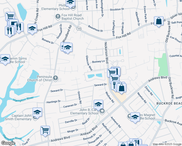map of restaurants, bars, coffee shops, grocery stores, and more near 258 Loch Circle in Hampton