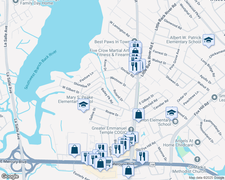 map of restaurants, bars, coffee shops, grocery stores, and more near 236 Bailey Park Drive in Hampton
