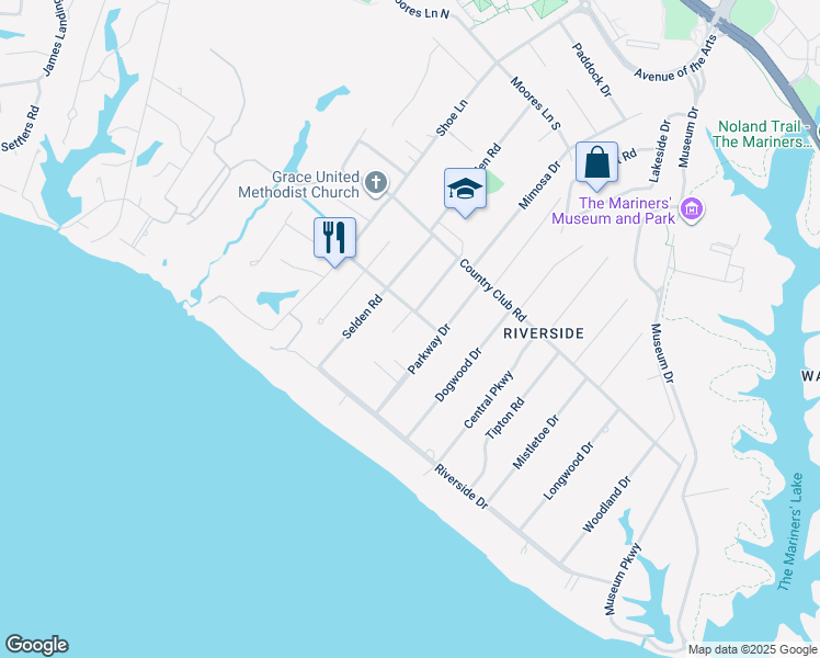 map of restaurants, bars, coffee shops, grocery stores, and more near 701 Captain John Smith Road in Newport News