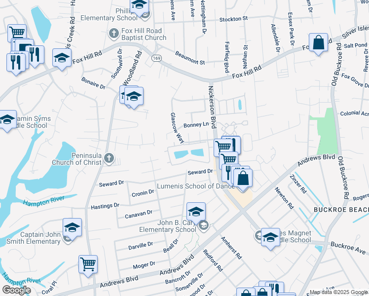 map of restaurants, bars, coffee shops, grocery stores, and more near 83 Glascow Way in Hampton