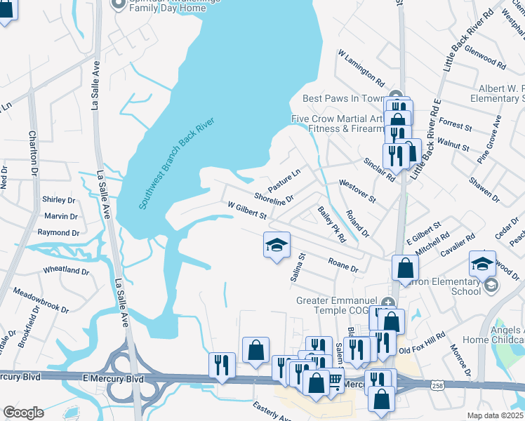 map of restaurants, bars, coffee shops, grocery stores, and more near 408 West Gilbert Street in Hampton