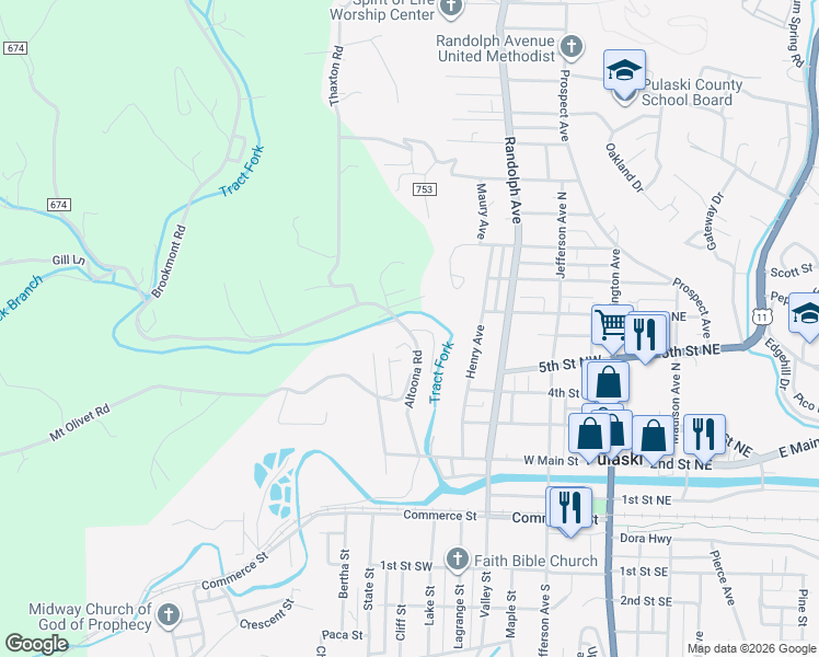 map of restaurants, bars, coffee shops, grocery stores, and more near 400 Riverview Road in Pulaski