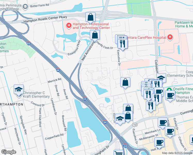 map of restaurants, bars, coffee shops, grocery stores, and more near 601 Marcella Road in Hampton