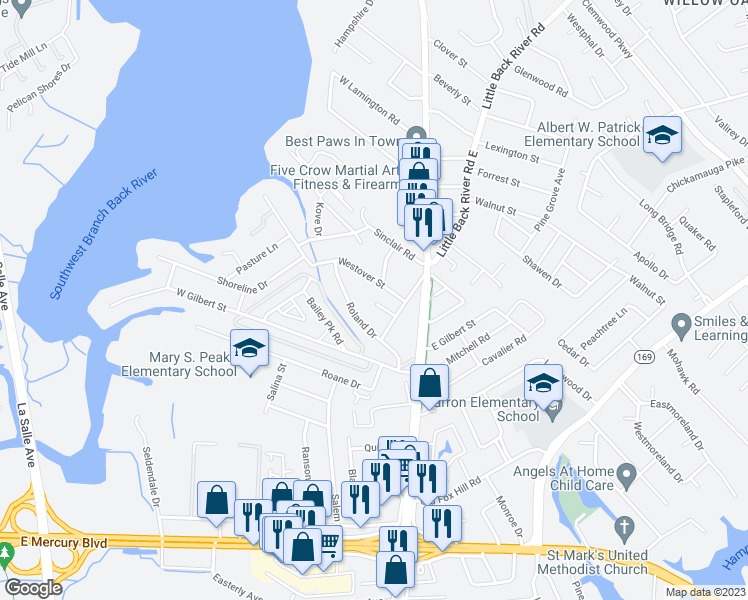 map of restaurants, bars, coffee shops, grocery stores, and more near 4 Copley Lane in Hampton