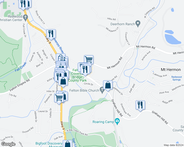 map of restaurants, bars, coffee shops, grocery stores, and more near 6221 Graham Hill Road in Felton