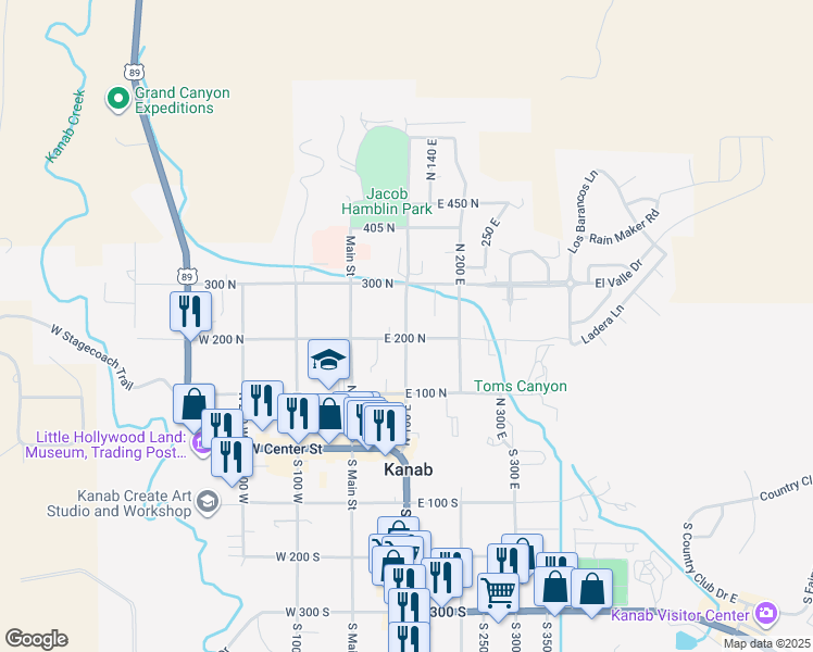 map of restaurants, bars, coffee shops, grocery stores, and more near 76 East 200 North in Kanab