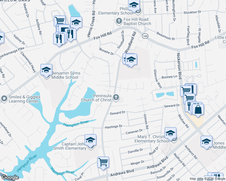 map of restaurants, bars, coffee shops, grocery stores, and more near 358 Eppington Circle in Hampton
