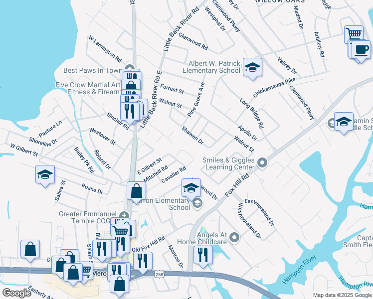 map of restaurants, bars, coffee shops, grocery stores, and more near 65 Cavalier Road in Hampton