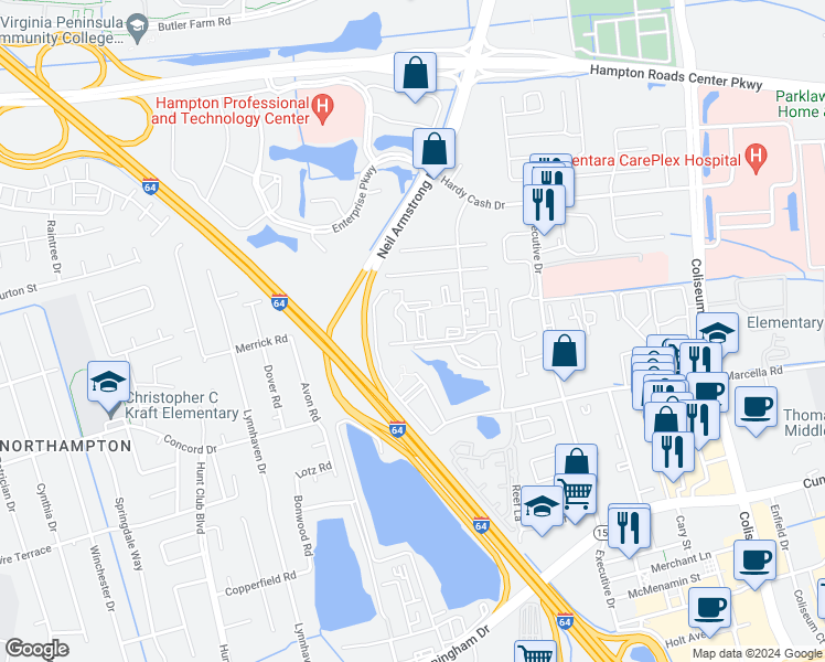 map of restaurants, bars, coffee shops, grocery stores, and more near 3 Cape Dorey Drive in Hampton
