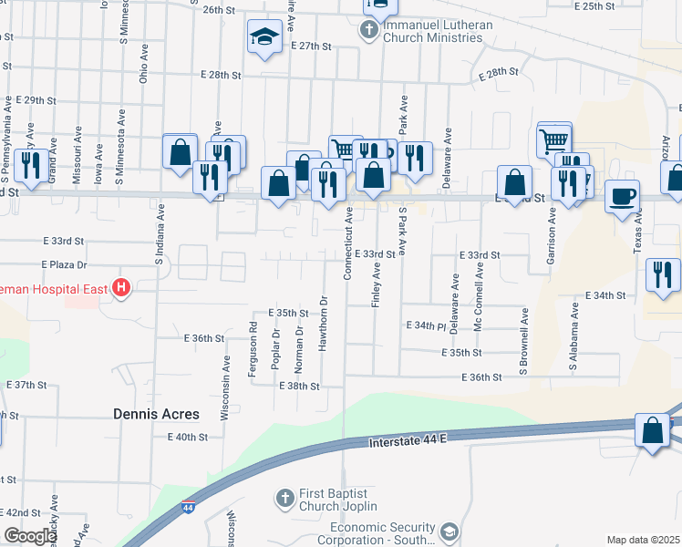 map of restaurants, bars, coffee shops, grocery stores, and more near 3322 Connecticut Avenue in Joplin