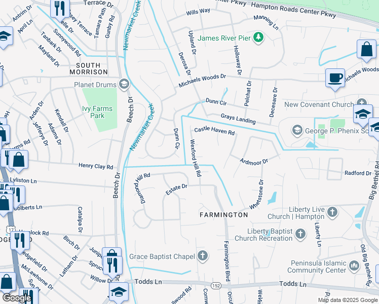 map of restaurants, bars, coffee shops, grocery stores, and more near 15 Wexford Hill Road in Hampton