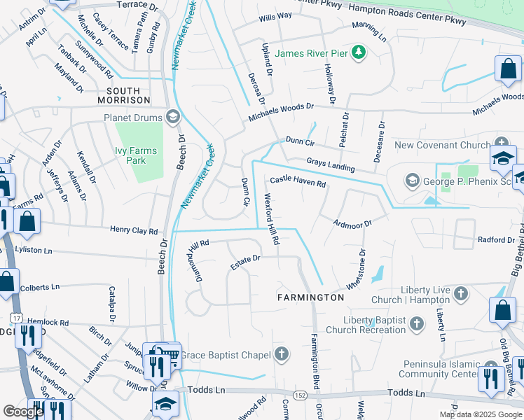 map of restaurants, bars, coffee shops, grocery stores, and more near 15 Wexford Hill Road in Hampton