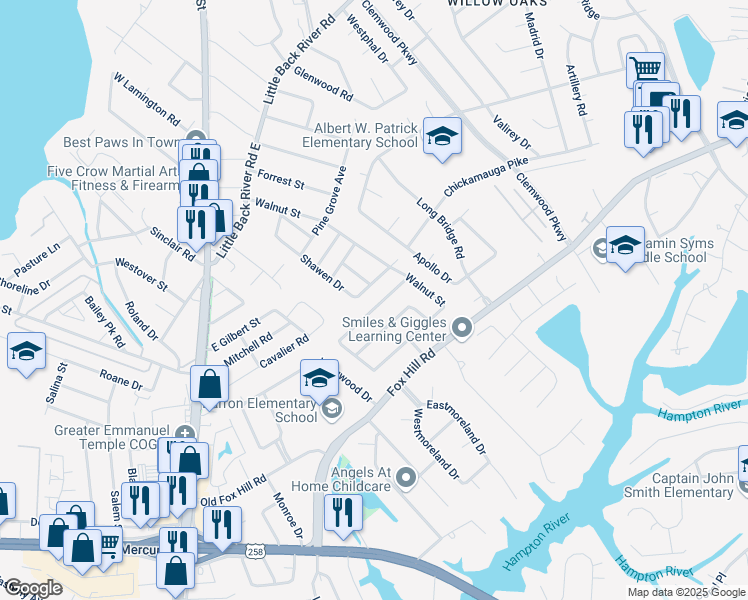 map of restaurants, bars, coffee shops, grocery stores, and more near 119 Peachtree Lane in Hampton