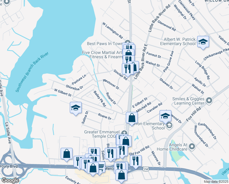 map of restaurants, bars, coffee shops, grocery stores, and more near 4 Copley Lane in Hampton