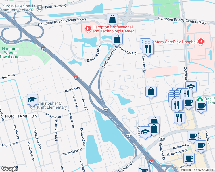 map of restaurants, bars, coffee shops, grocery stores, and more near 53 Cape Dorey Drive in Hampton