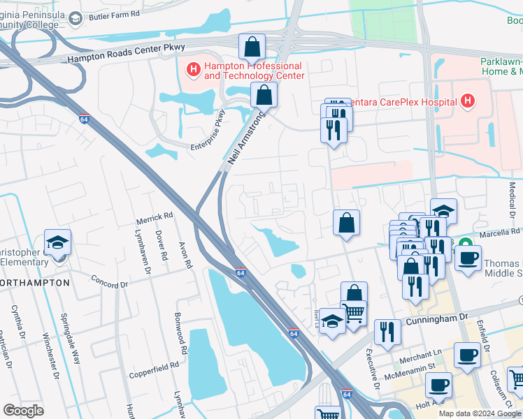 map of restaurants, bars, coffee shops, grocery stores, and more near 38 Wells Court in Hampton