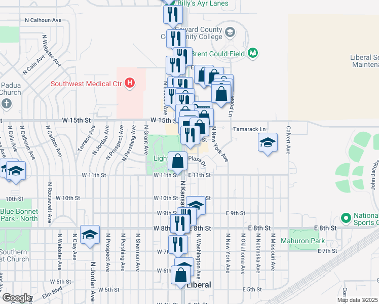 map of restaurants, bars, coffee shops, grocery stores, and more near 4 Village Plaza in Liberal