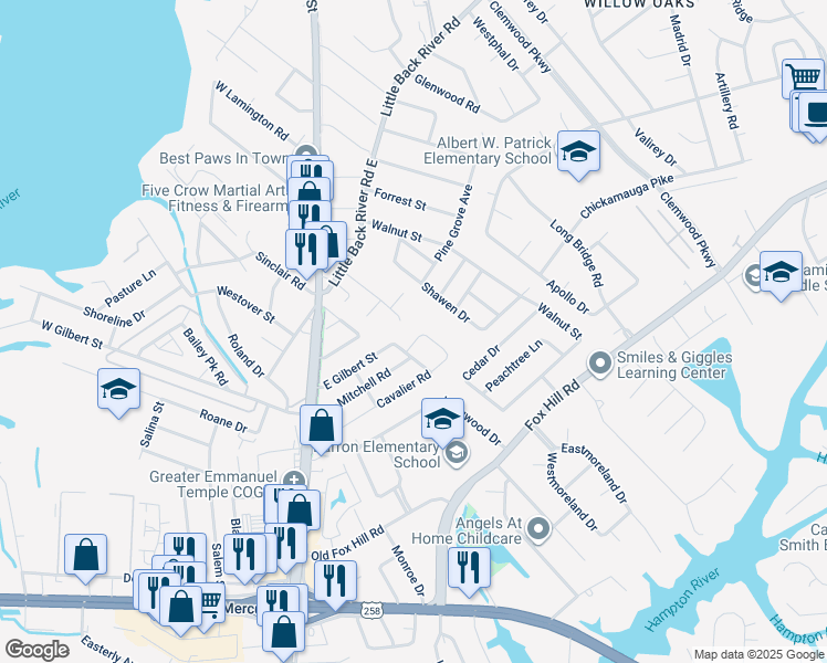 map of restaurants, bars, coffee shops, grocery stores, and more near 80 Cavalier Road in Hampton