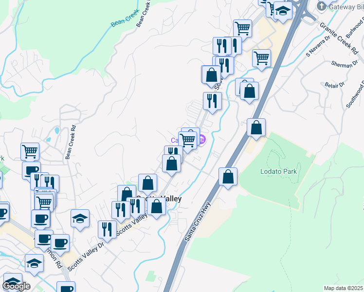 map of restaurants, bars, coffee shops, grocery stores, and more near in Scotts Valley