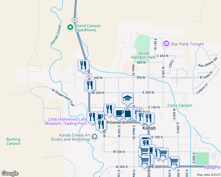map of restaurants, bars, coffee shops, grocery stores, and more near 128 West 200 North in Kanab