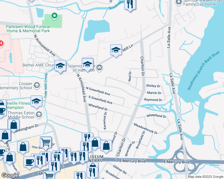 map of restaurants, bars, coffee shops, grocery stores, and more near 127 Raymond Drive in Hampton