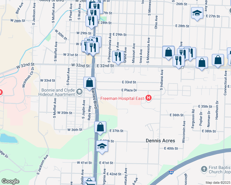 map of restaurants, bars, coffee shops, grocery stores, and more near 319 East 34th Street in Joplin