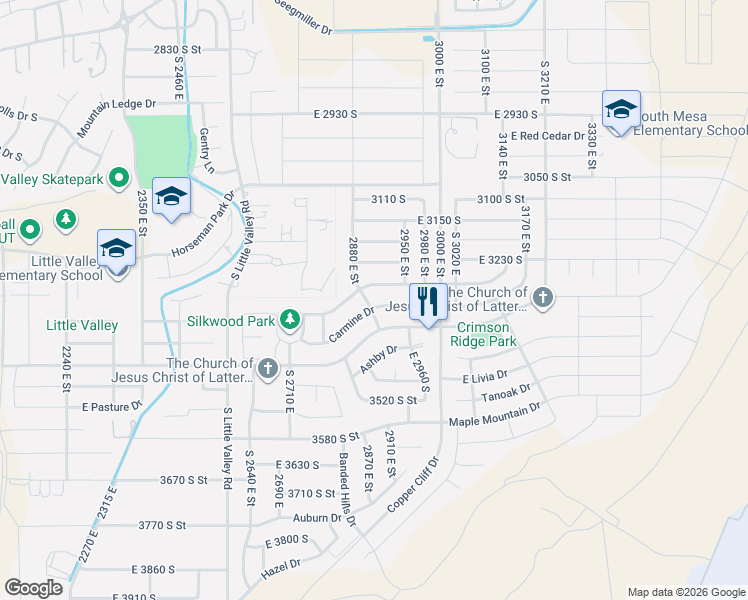 map of restaurants, bars, coffee shops, grocery stores, and more near 2893 Carmine Drive in St. George