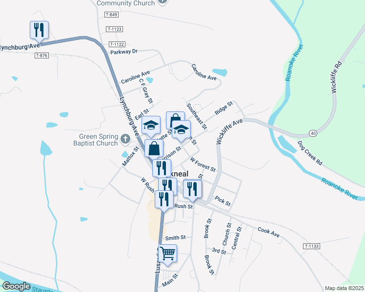 map of restaurants, bars, coffee shops, grocery stores, and more near 400 West Forest Street in Brookneal