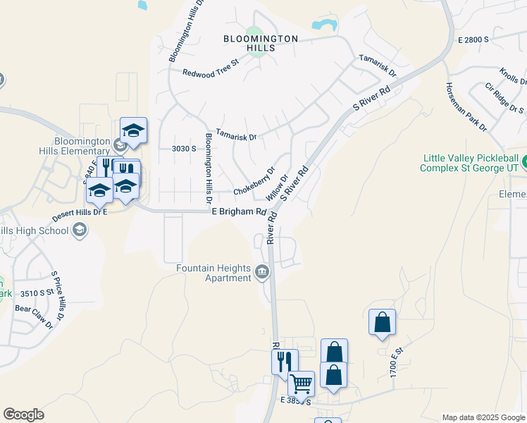 map of restaurants, bars, coffee shops, grocery stores, and more near 3224-3272 South River Road in St. George