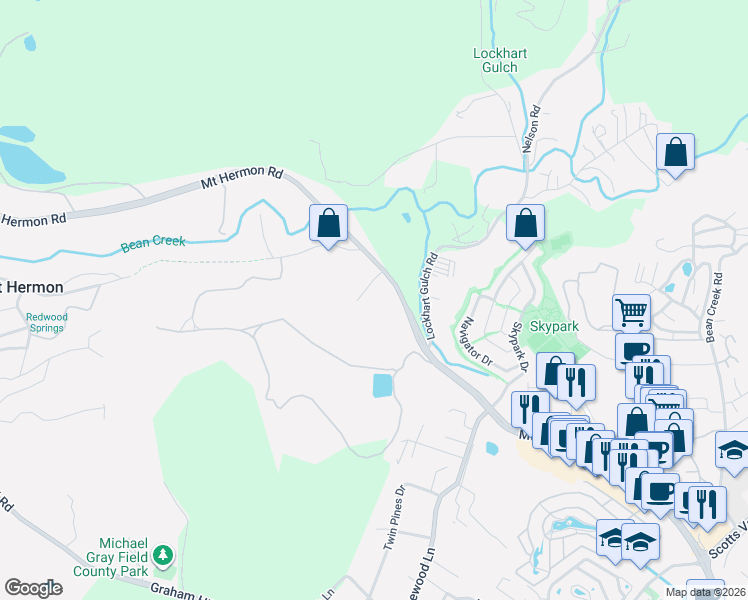 map of restaurants, bars, coffee shops, grocery stores, and more near 1029-1135 Mount Hermon Road in Scotts Valley
