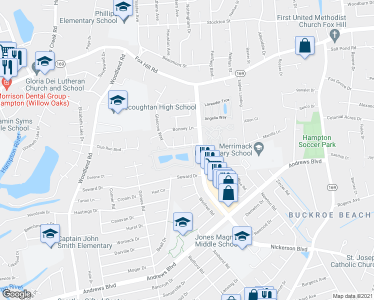 map of restaurants, bars, coffee shops, grocery stores, and more near 118 Loch Circle in Hampton