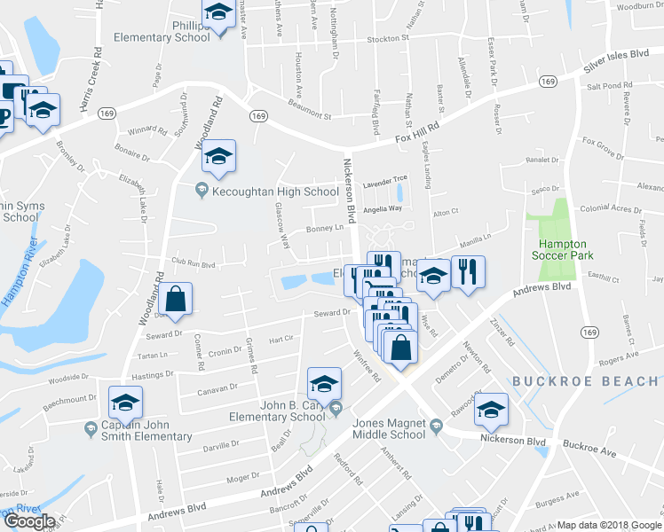 map of restaurants, bars, coffee shops, grocery stores, and more near 118 Loch Circle in Hampton
