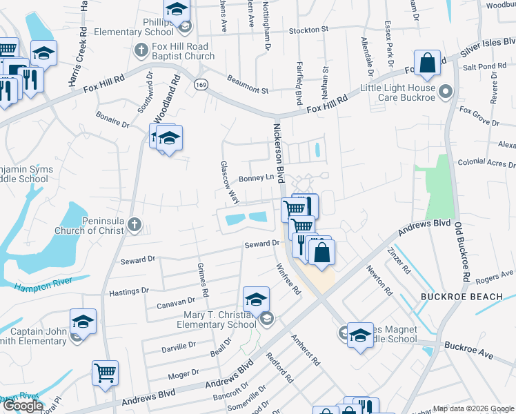 map of restaurants, bars, coffee shops, grocery stores, and more near 118 Loch Circle in Hampton