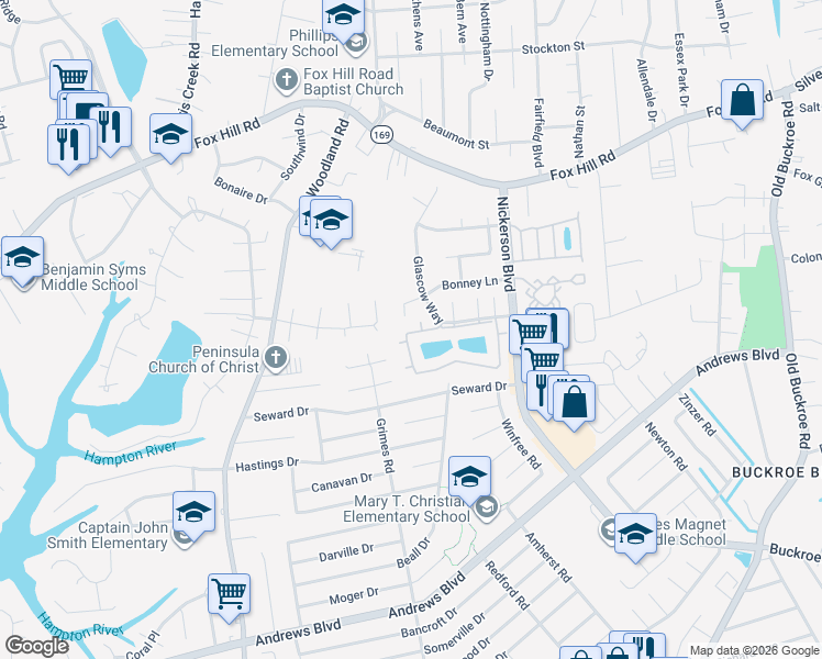 map of restaurants, bars, coffee shops, grocery stores, and more near 215 Loch Circle in Hampton