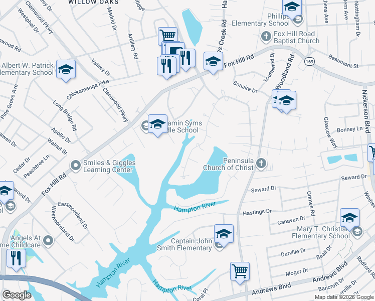 map of restaurants, bars, coffee shops, grocery stores, and more near 333 Green Spring Court in Hampton