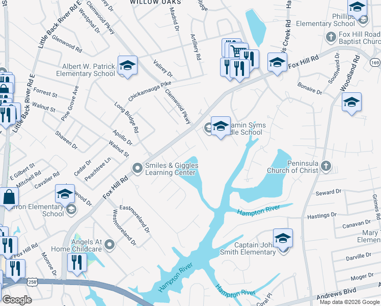 map of restaurants, bars, coffee shops, grocery stores, and more near 32 Great Lakes Drive in Hampton