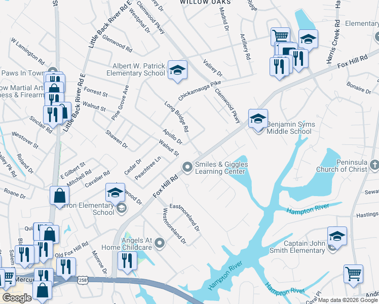 map of restaurants, bars, coffee shops, grocery stores, and more near 129 Fox Hill Road in Hampton