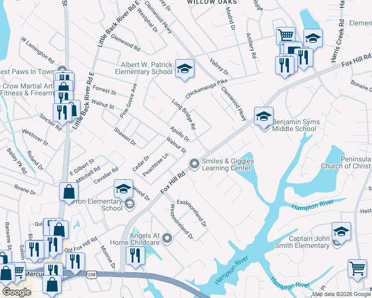 map of restaurants, bars, coffee shops, grocery stores, and more near 129 Fox Hill Road in Hampton