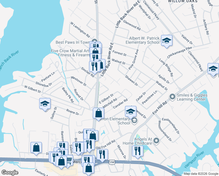 map of restaurants, bars, coffee shops, grocery stores, and more near 21 East Gilbert Street in Hampton