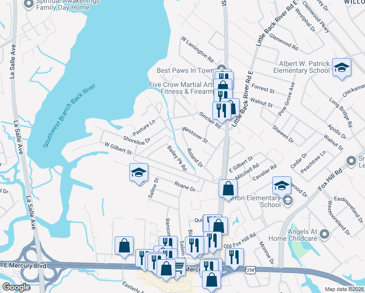 map of restaurants, bars, coffee shops, grocery stores, and more near 236 Bailey Park Drive in Hampton