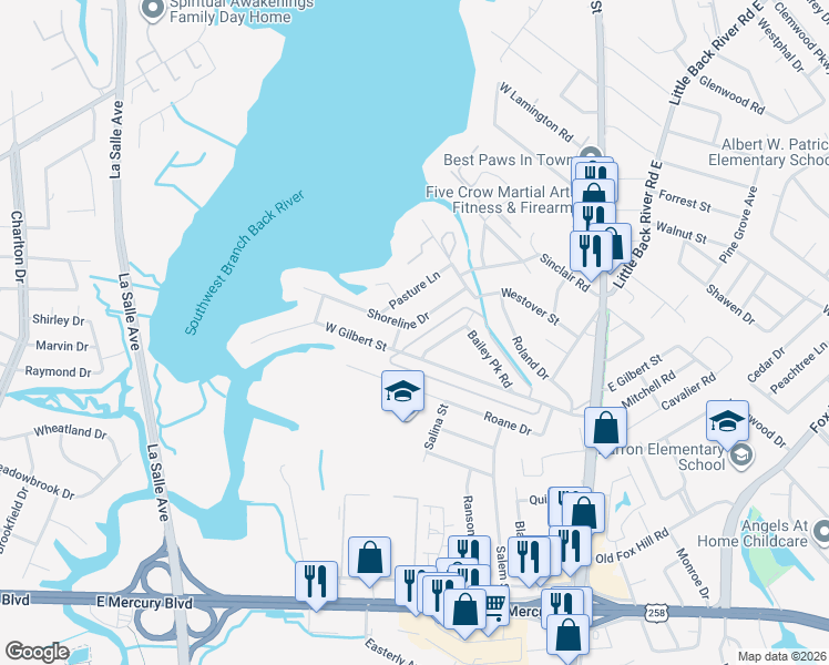 map of restaurants, bars, coffee shops, grocery stores, and more near 294 Mockingbird Lane in Hampton