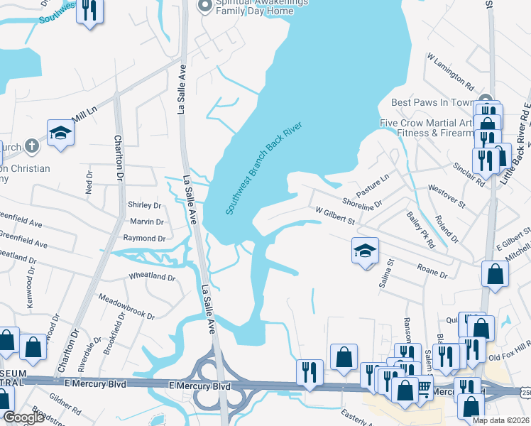 map of restaurants, bars, coffee shops, grocery stores, and more near 19 Eagle Point Road in Hampton