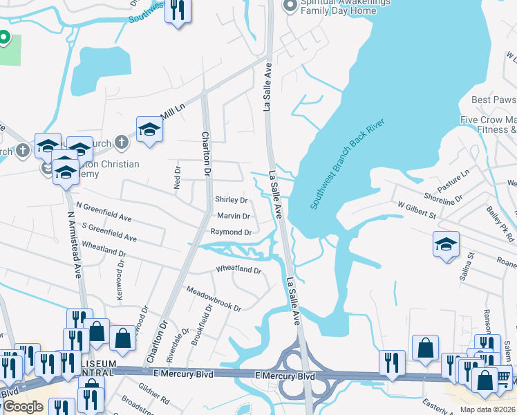 map of restaurants, bars, coffee shops, grocery stores, and more near 6 Overton Drive in Hampton