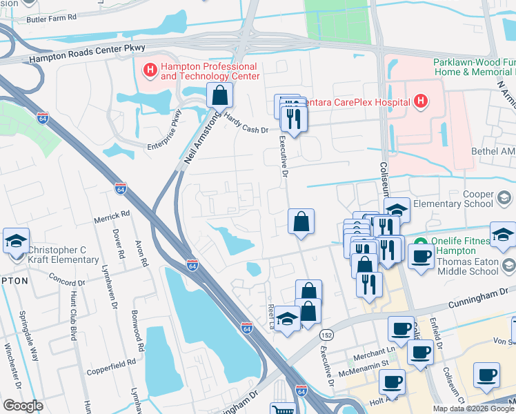 map of restaurants, bars, coffee shops, grocery stores, and more near 517 Marcella Road in Hampton