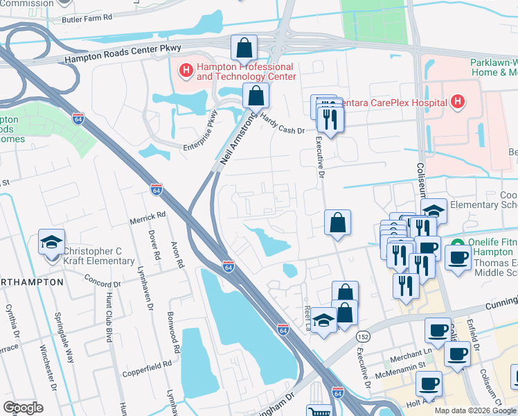map of restaurants, bars, coffee shops, grocery stores, and more near 601 Marcella Road in Hampton