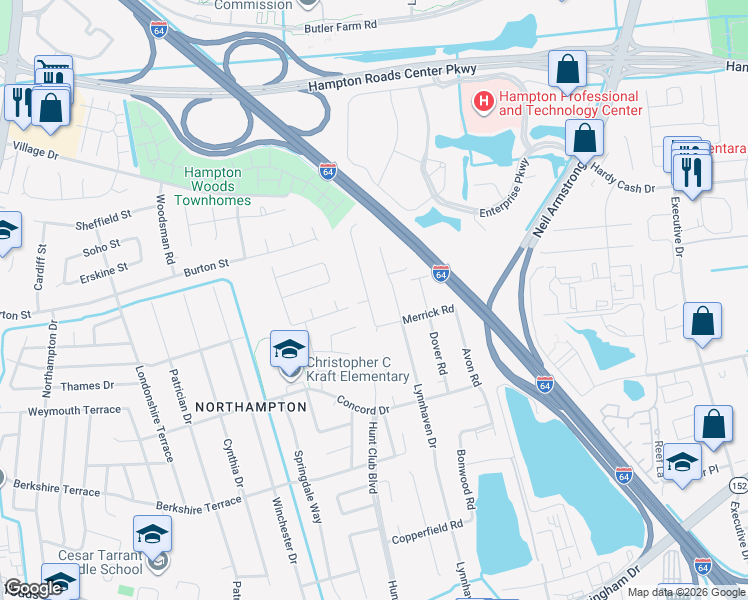 map of restaurants, bars, coffee shops, grocery stores, and more near 306 Bromsgrove Drive in Hampton